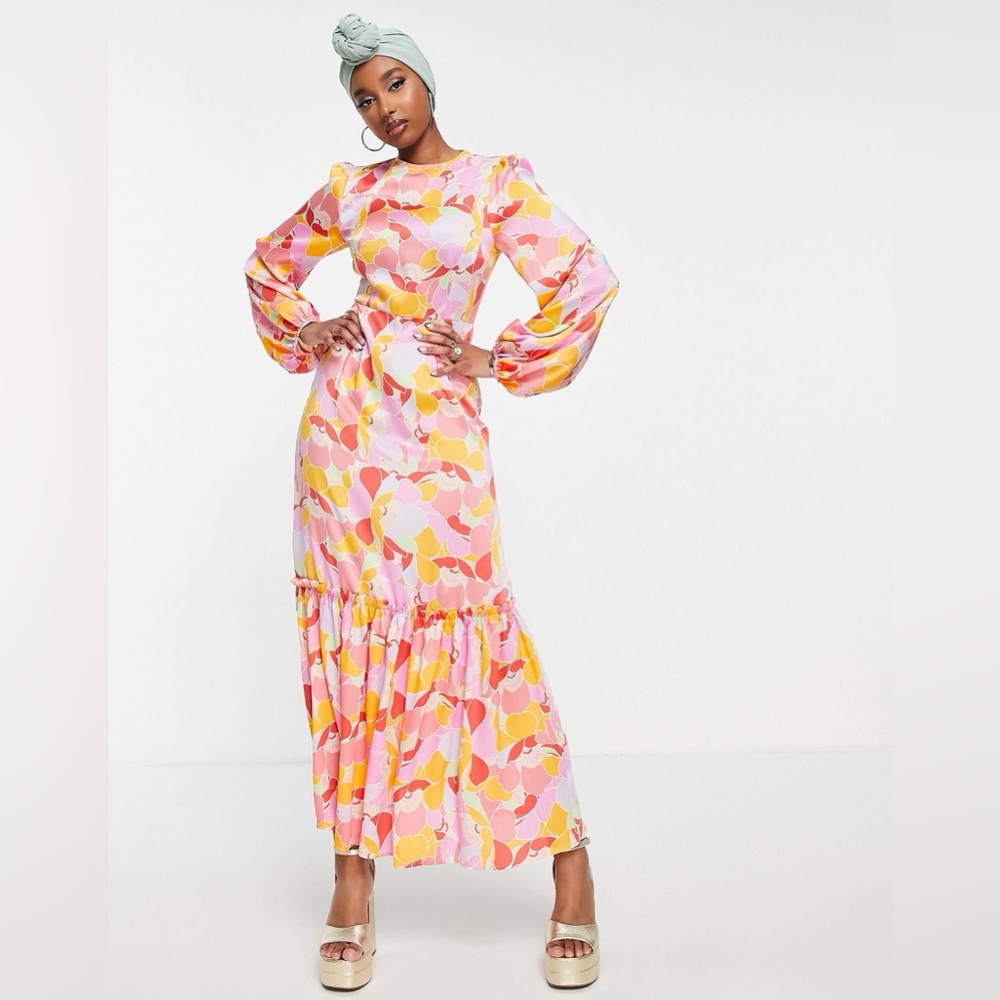 ASOS DESIGN satin maxi tea dress with balloon sleeves  floral SIZE 4 WITH TAGS